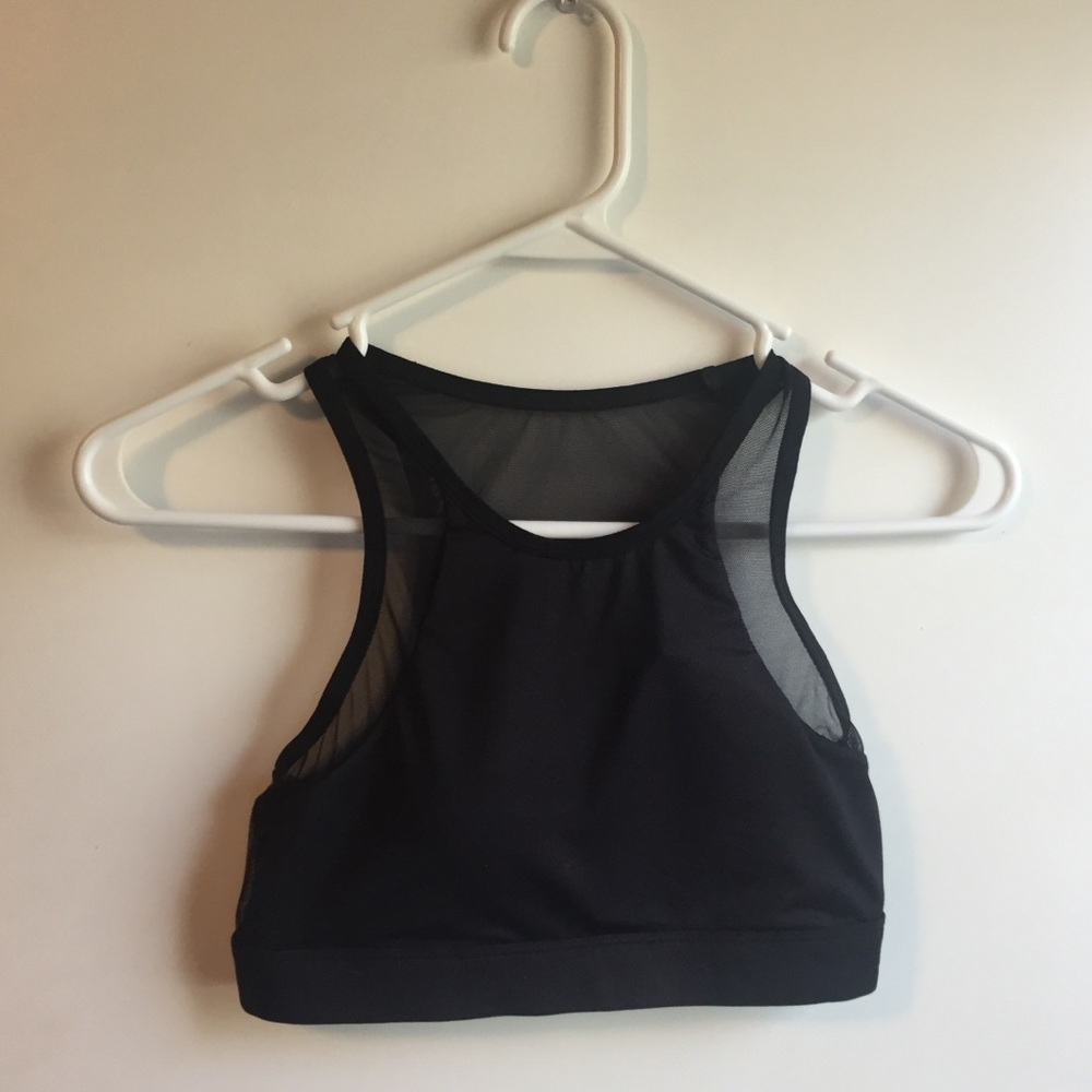 High neck black mesh sports bra